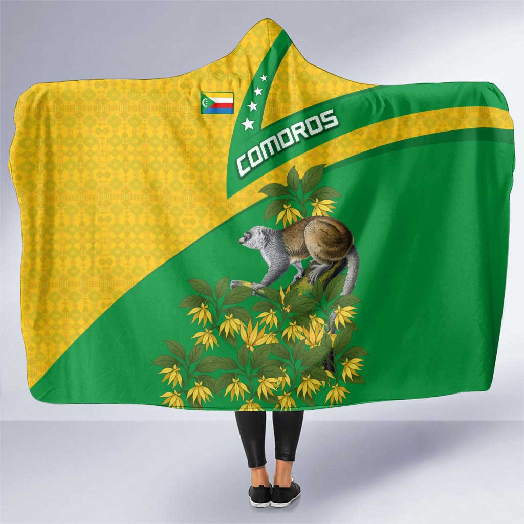 Comoros Hooded Blanket with National Flag Lemur Design and Ylang Ylang Flower Pattern