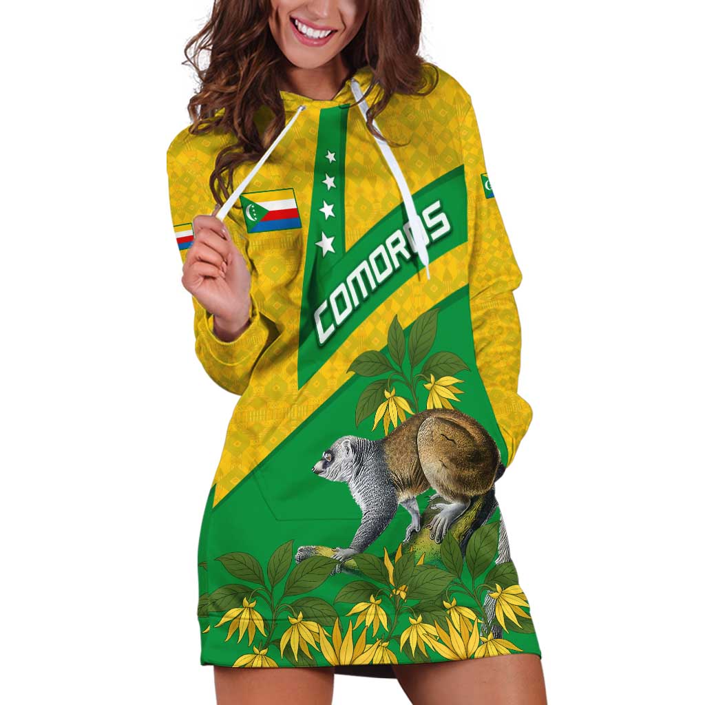 Comoros Hoodie Dress with National Flag Lemur Design and Ylang Ylang Flower Pattern
