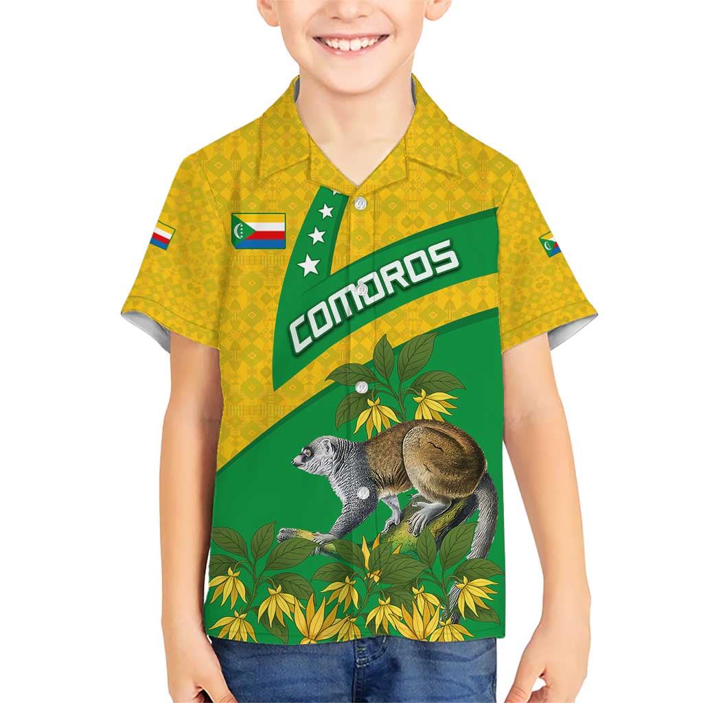 Comoros Kid Hawaiian Shirt with National Flag Lemur Design and Ylang Ylang Flower Pattern