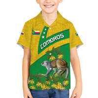 Comoros Kid Hawaiian Shirt with National Flag Lemur Design and Ylang Ylang Flower Pattern