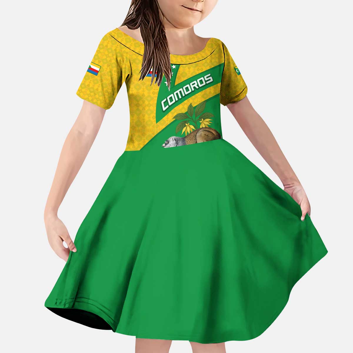 Comoros Kid Short Sleeve Dress with National Flag Lemur Design and Ylang Ylang Flower Pattern