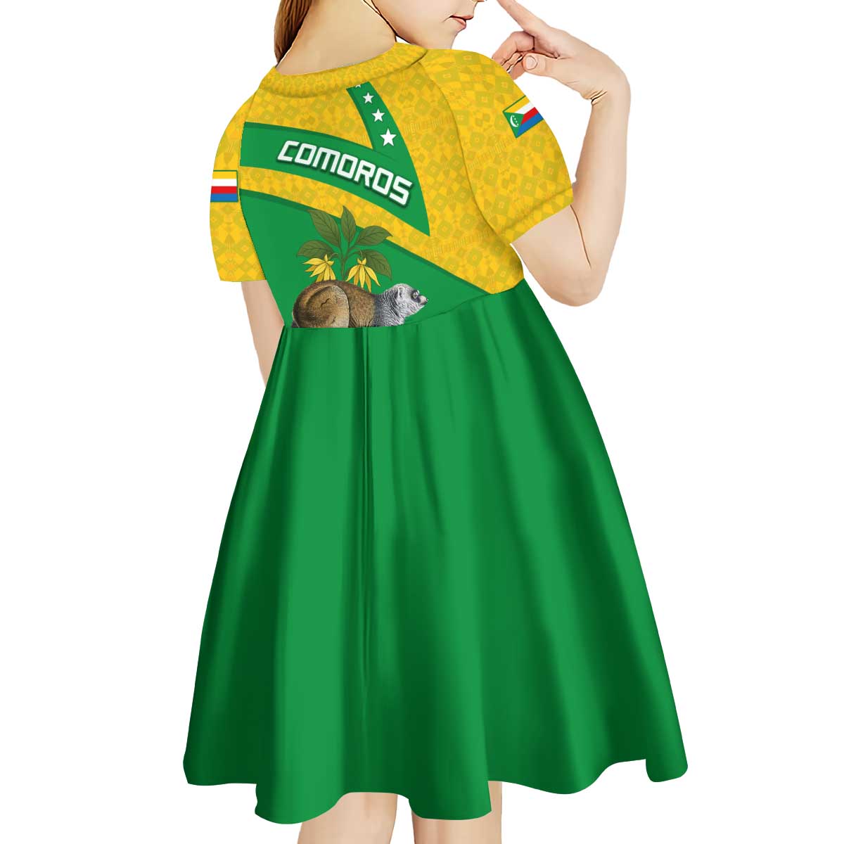 Comoros Kid Short Sleeve Dress with National Flag Lemur Design and Ylang Ylang Flower Pattern