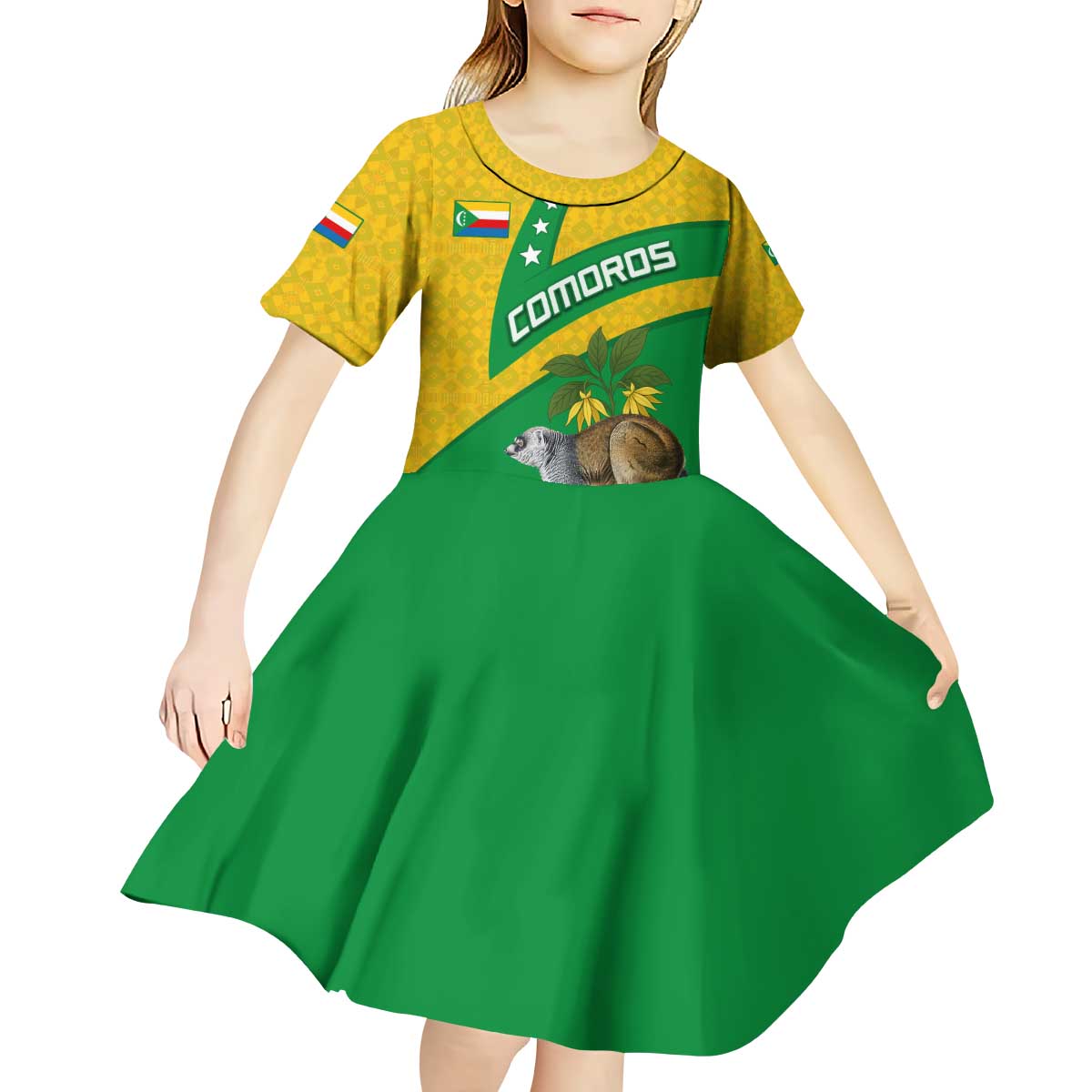 Comoros Kid Short Sleeve Dress with National Flag Lemur Design and Ylang Ylang Flower Pattern