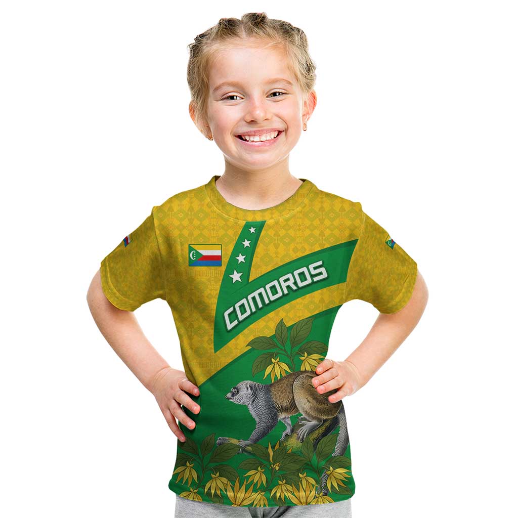 Comoros Kid T Shirt with National Flag Lemur Design and Ylang Ylang Flower Pattern