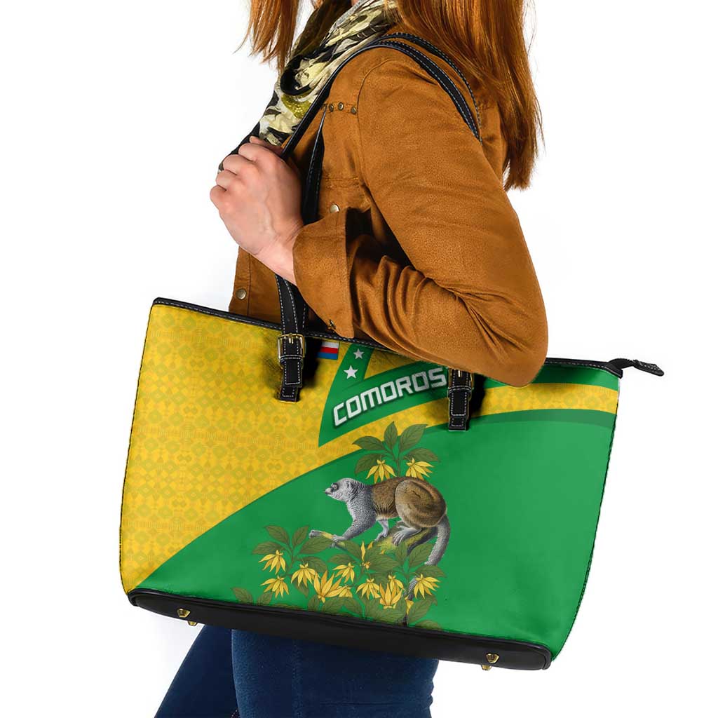 Comoros Leather Tote Bag with National Flag Lemur Design and Ylang Ylang Flower Pattern