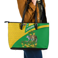 Comoros Leather Tote Bag with National Flag Lemur Design and Ylang Ylang Flower Pattern