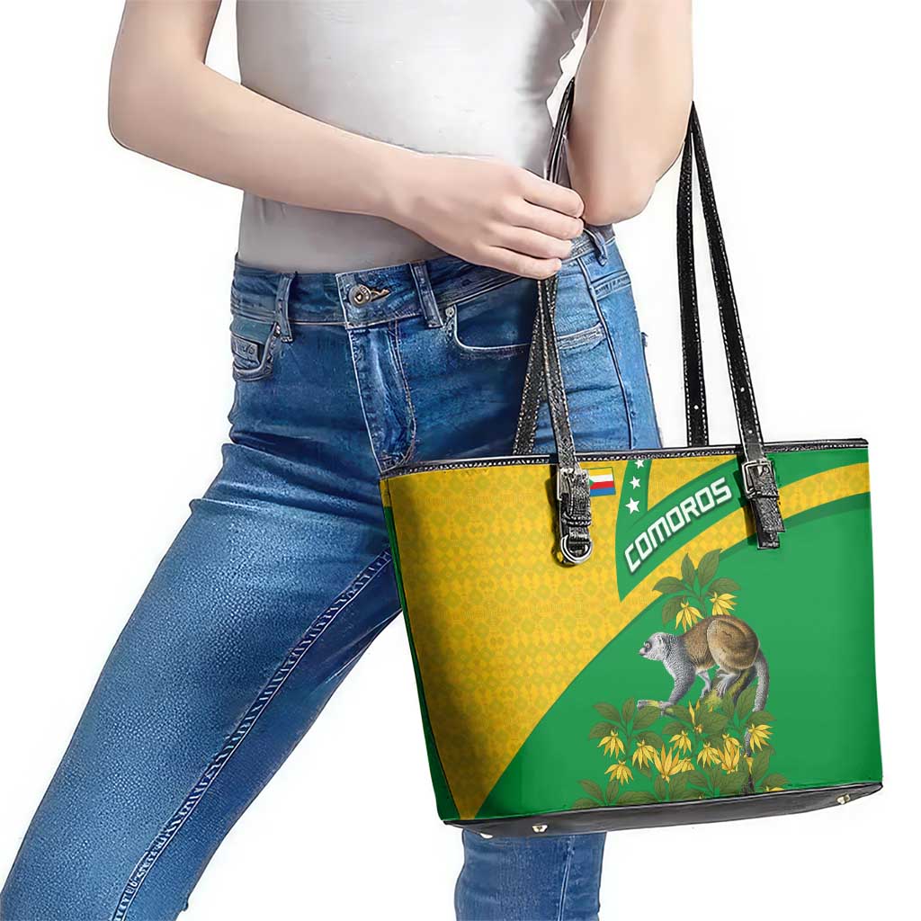 Comoros Leather Tote Bag with National Flag Lemur Design and Ylang Ylang Flower Pattern