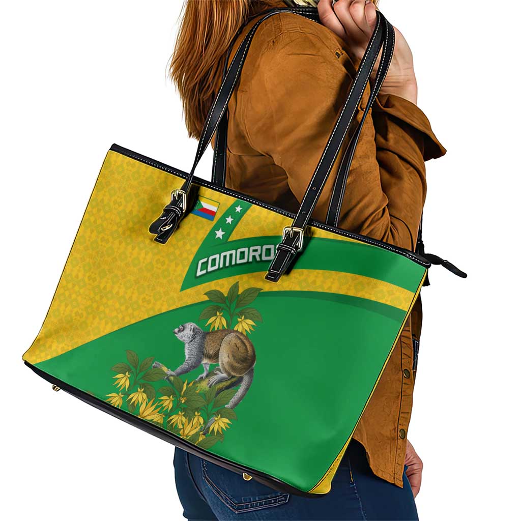 Comoros Leather Tote Bag with National Flag Lemur Design and Ylang Ylang Flower Pattern