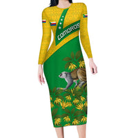 Comoros Long Sleeve Bodycon Dress with National Flag Lemur Design and Ylang Ylang Flower Pattern