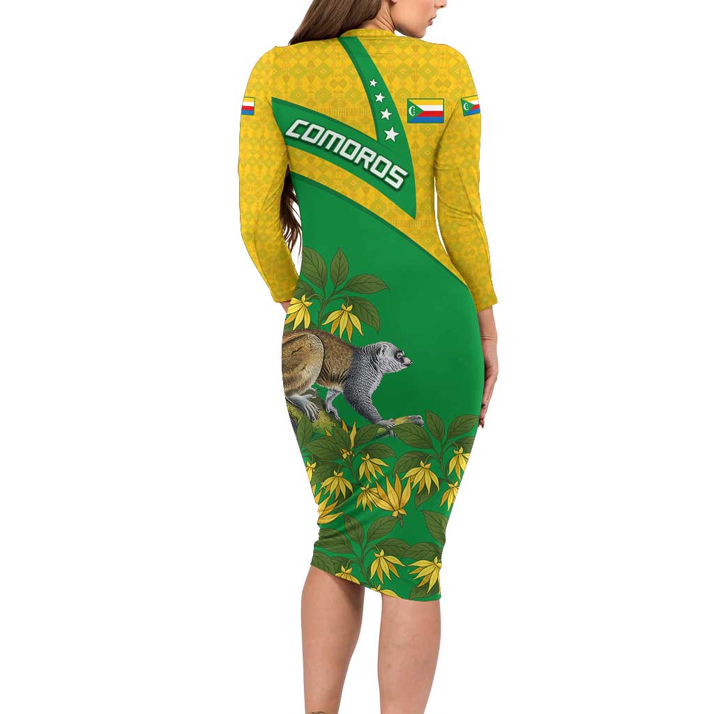 Comoros Long Sleeve Bodycon Dress with National Flag Lemur Design and Ylang Ylang Flower Pattern