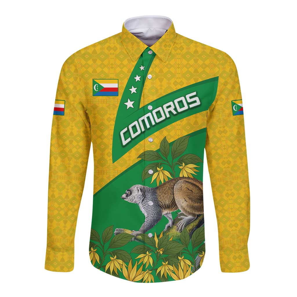Comoros Long Sleeve Button Shirt with National Flag Lemur Design and Ylang Ylang Flower Pattern