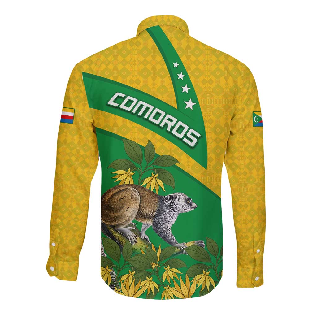 Comoros Long Sleeve Button Shirt with National Flag Lemur Design and Ylang Ylang Flower Pattern