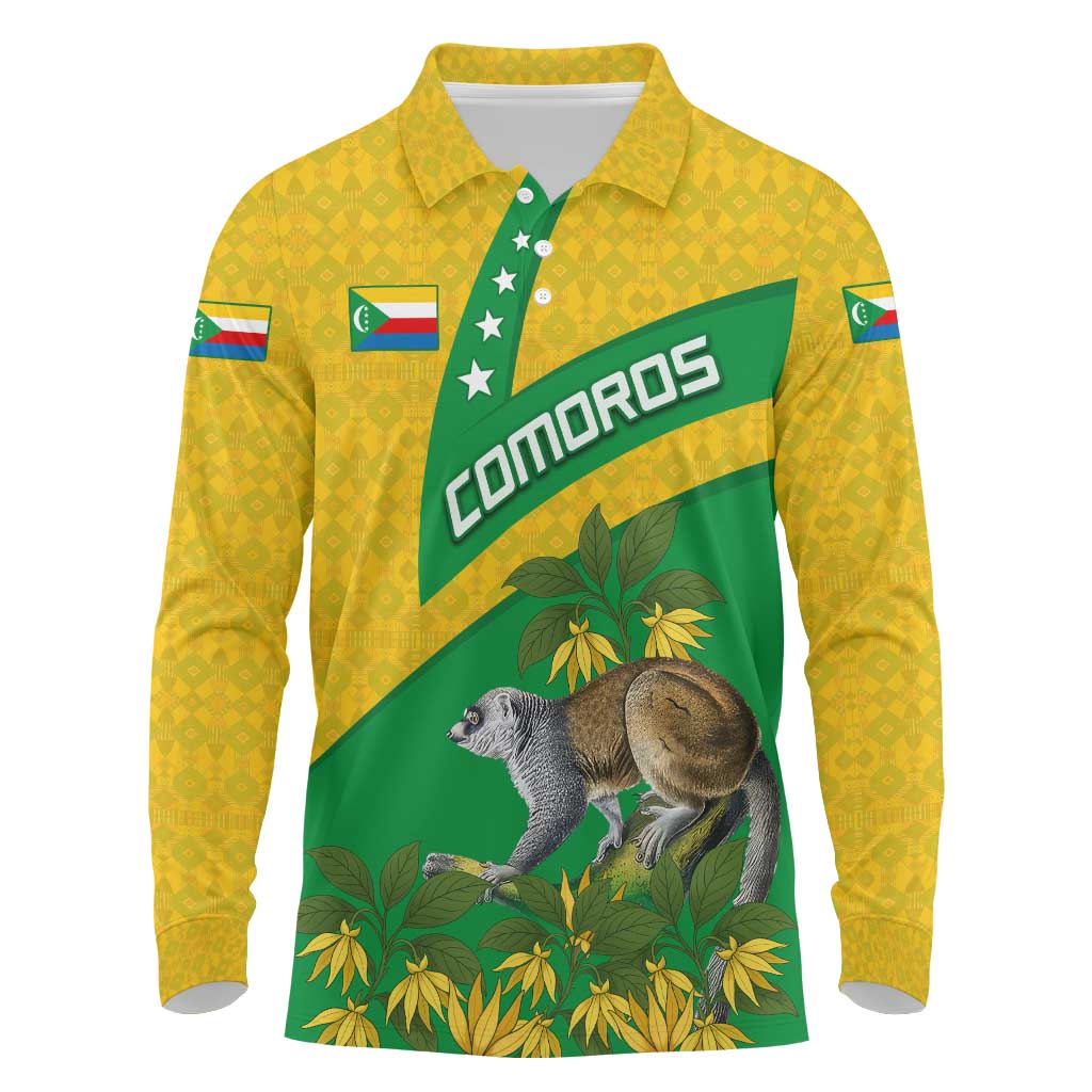 Comoros Long Sleeve Polo Shirt with National Flag Lemur Design and Ylang Ylang Flower Pattern