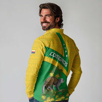 Comoros Long Sleeve Polo Shirt with National Flag Lemur Design and Ylang Ylang Flower Pattern