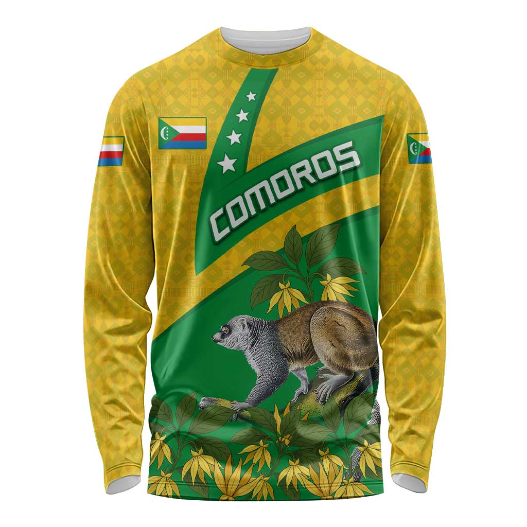 Comoros Long Sleeve Shirt with National Flag Lemur Design and Ylang Ylang Flower Pattern