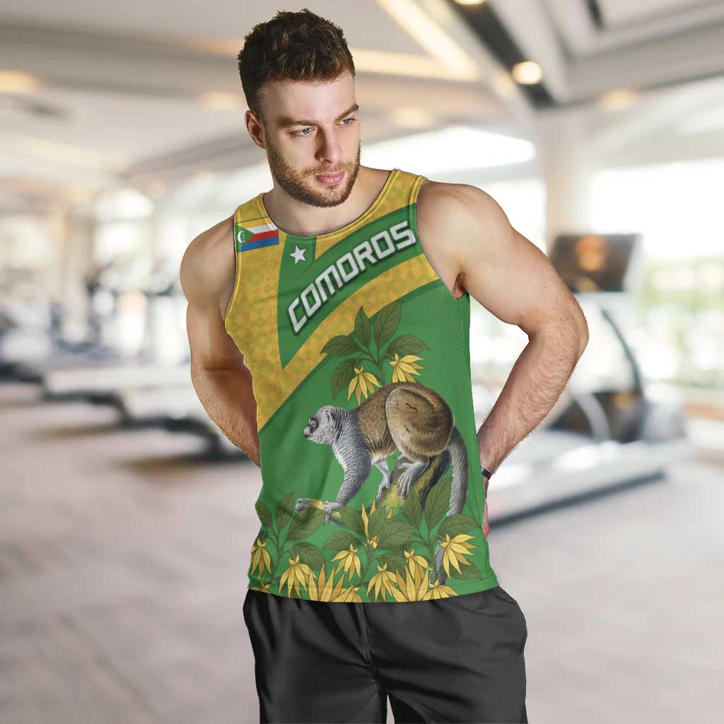 Comoros Men Tank Top with National Flag Lemur Design and Ylang Ylang Flower Pattern