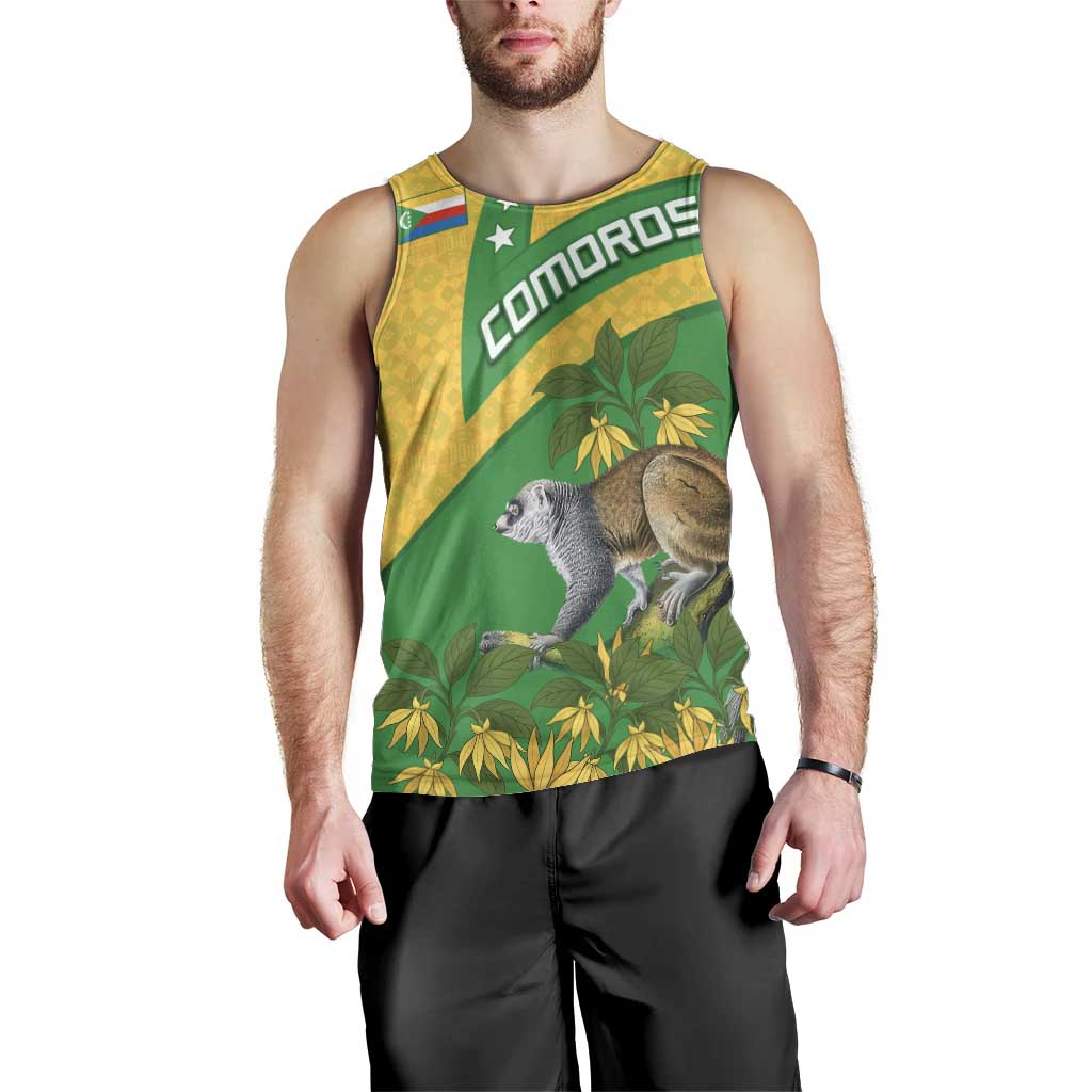 Comoros Men Tank Top with National Flag Lemur Design and Ylang Ylang Flower Pattern