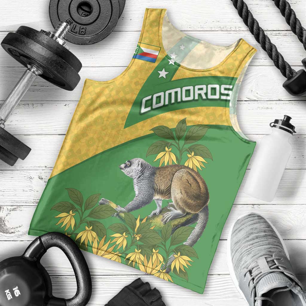 Comoros Men Tank Top with National Flag Lemur Design and Ylang Ylang Flower Pattern