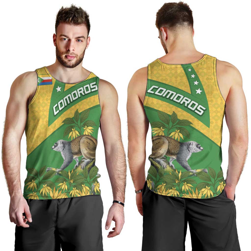 Comoros Men Tank Top with National Flag Lemur Design and Ylang Ylang Flower Pattern
