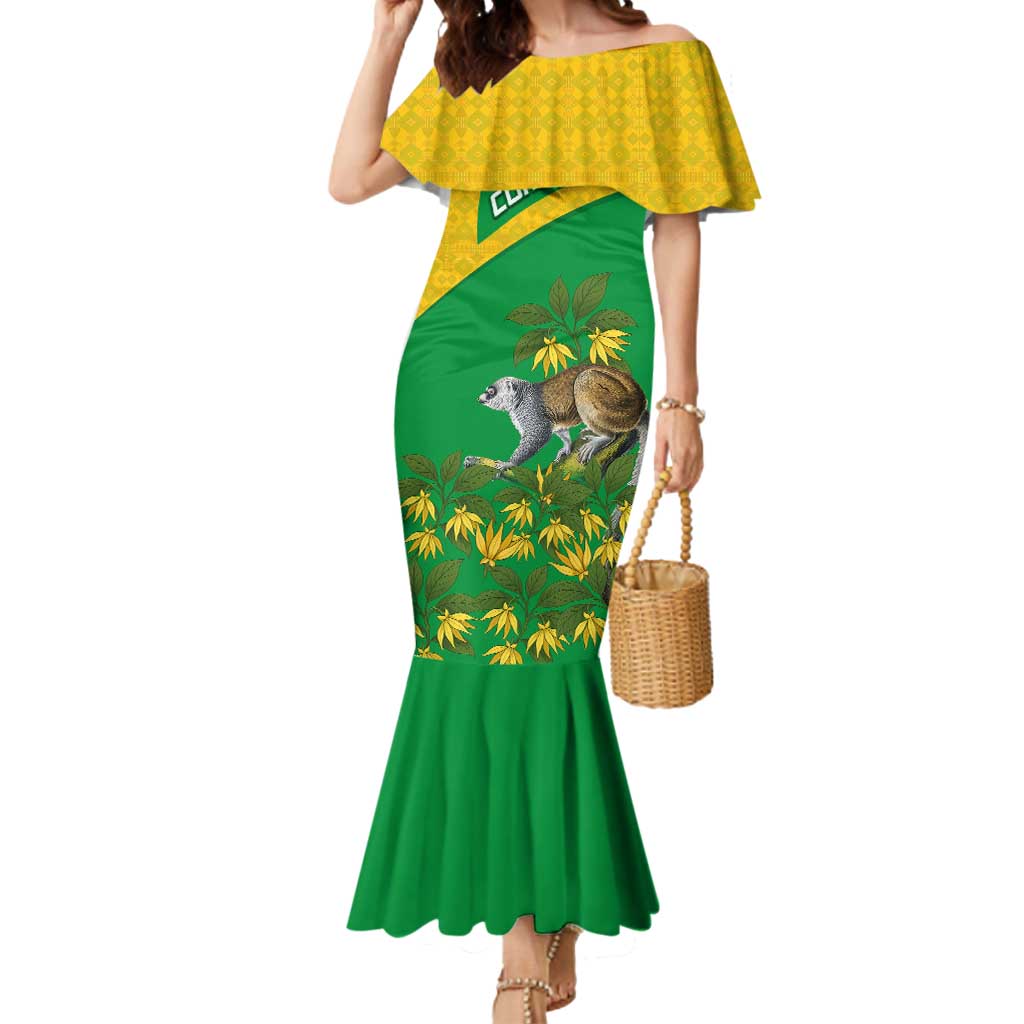 Comoros Mermaid Dress with National Flag Lemur Design and Ylang Ylang Flower Pattern