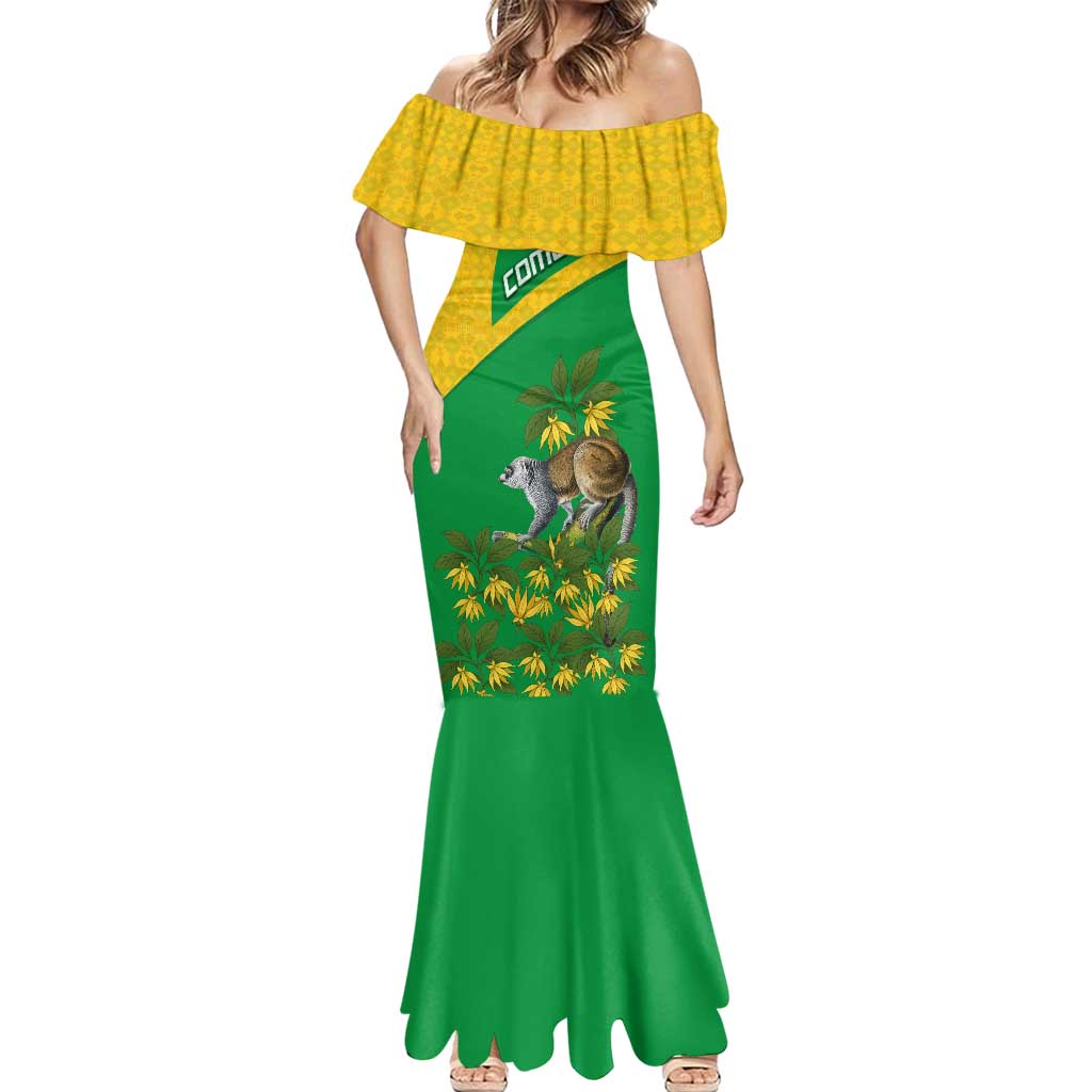 Comoros Mermaid Dress with National Flag Lemur Design and Ylang Ylang Flower Pattern