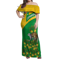Comoros Off Shoulder Maxi Dress with National Flag Lemur Design and Ylang Ylang Flower Pattern