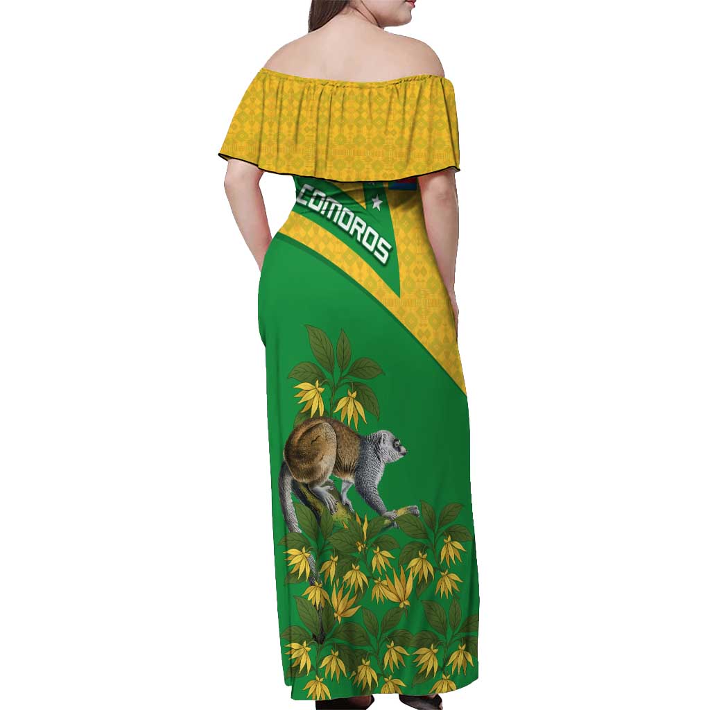 Comoros Off Shoulder Maxi Dress with National Flag Lemur Design and Ylang Ylang Flower Pattern