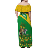 Comoros Off Shoulder Maxi Dress with National Flag Lemur Design and Ylang Ylang Flower Pattern