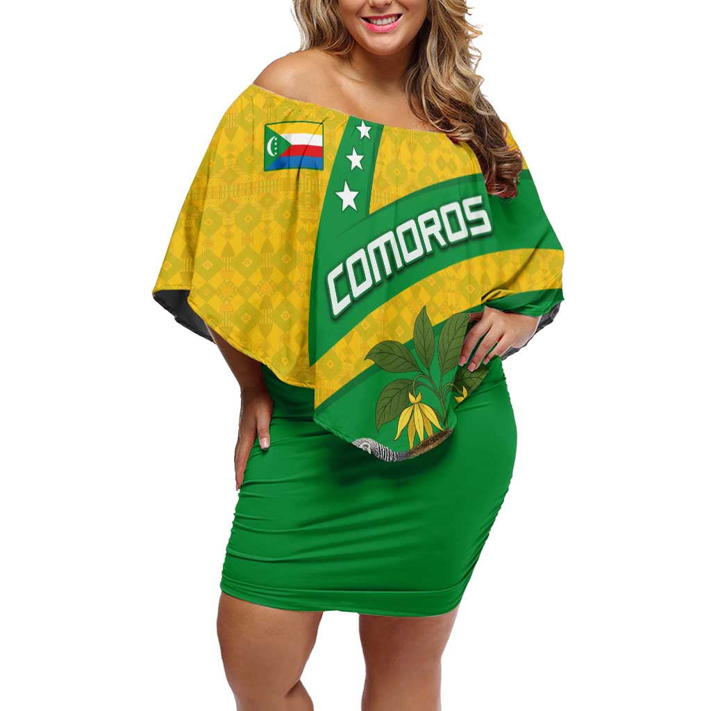 Comoros Off Shoulder Short Dress with National Flag Lemur Design and Ylang Ylang Flower Pattern