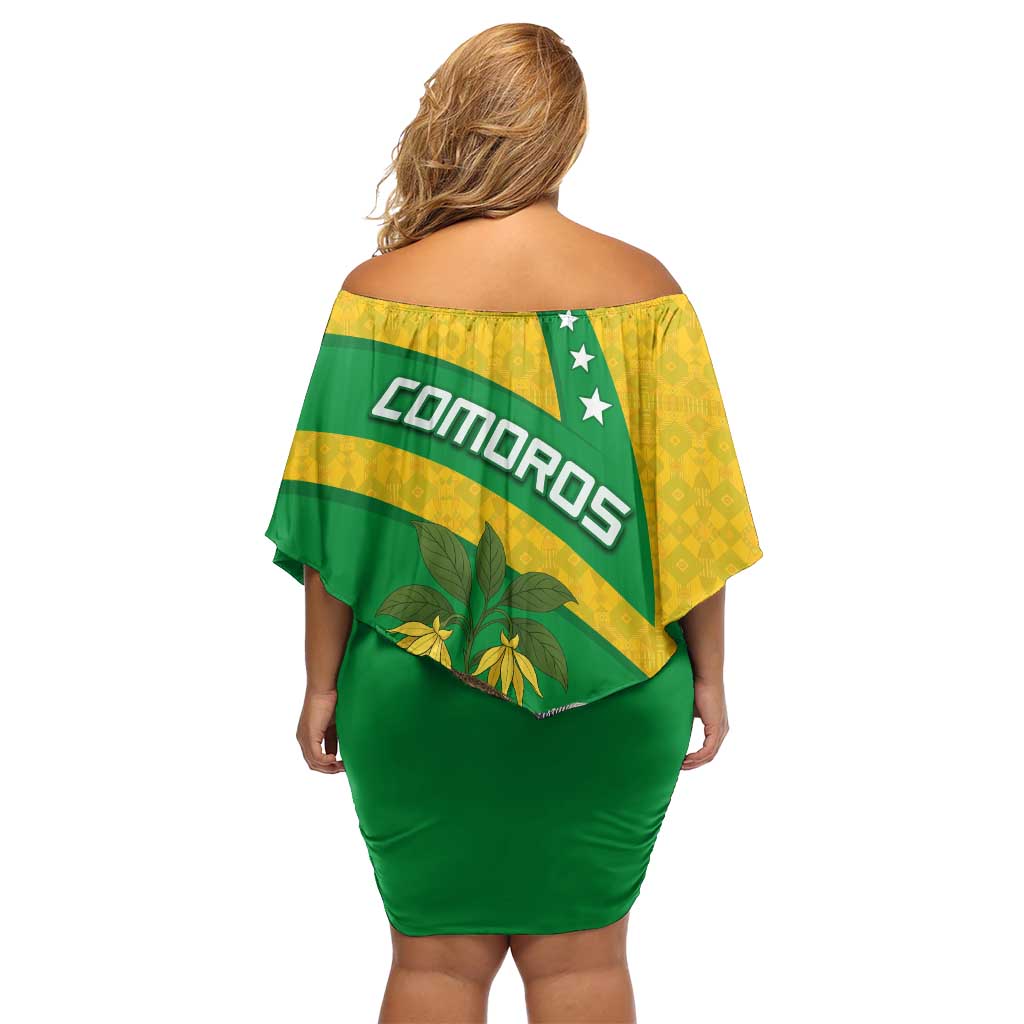 Comoros Off Shoulder Short Dress with National Flag Lemur Design and Ylang Ylang Flower Pattern