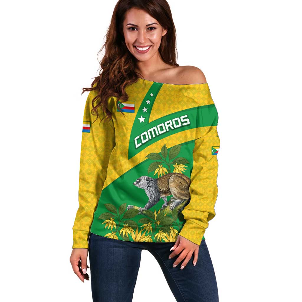 Comoros Off Shoulder Sweater with National Flag Lemur Design and Ylang Ylang Flower Pattern