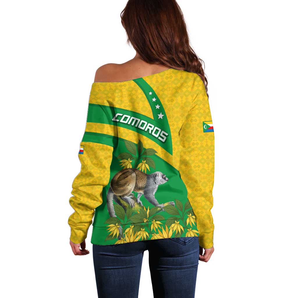 Comoros Off Shoulder Sweater with National Flag Lemur Design and Ylang Ylang Flower Pattern