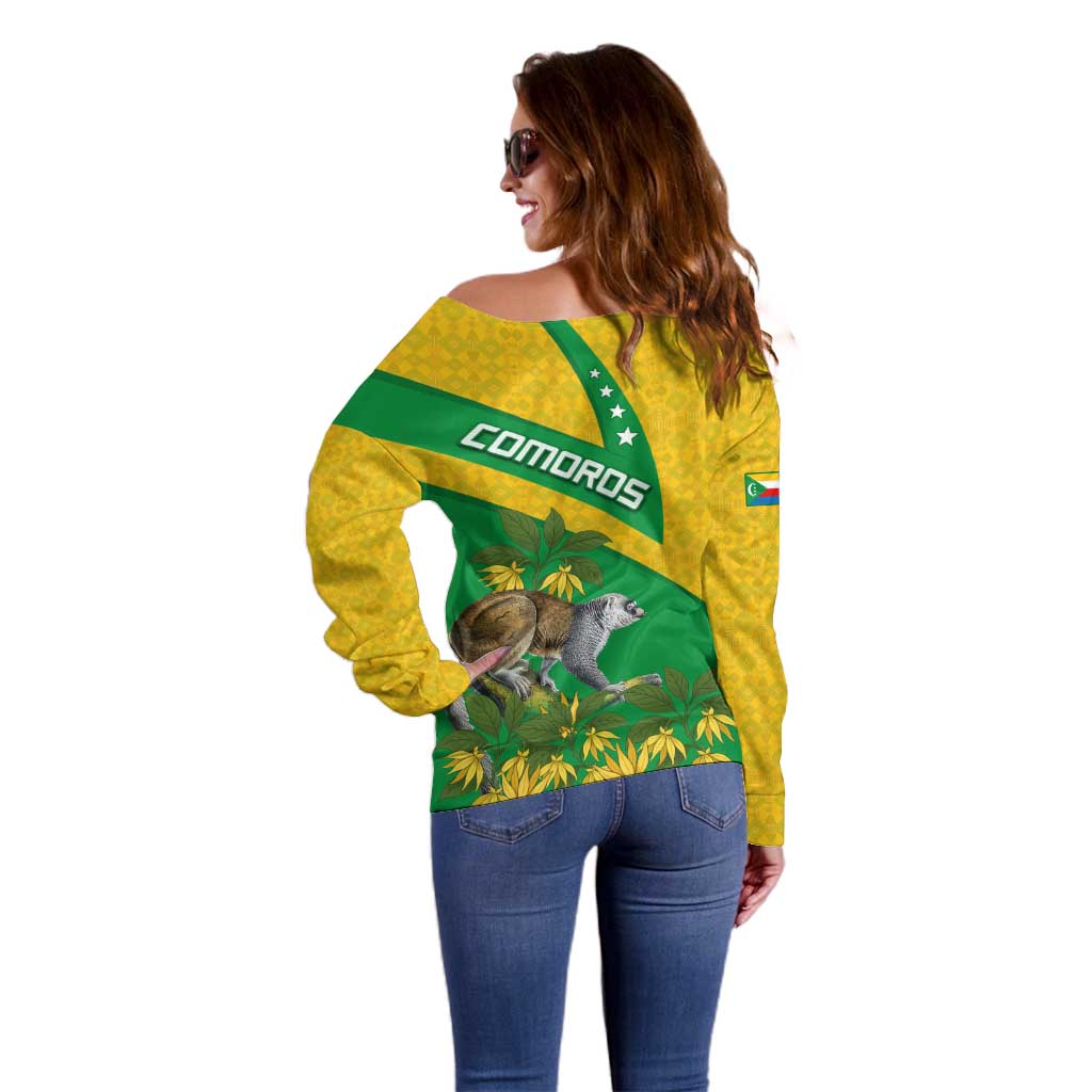 Comoros Off Shoulder Sweater with National Flag Lemur Design and Ylang Ylang Flower Pattern
