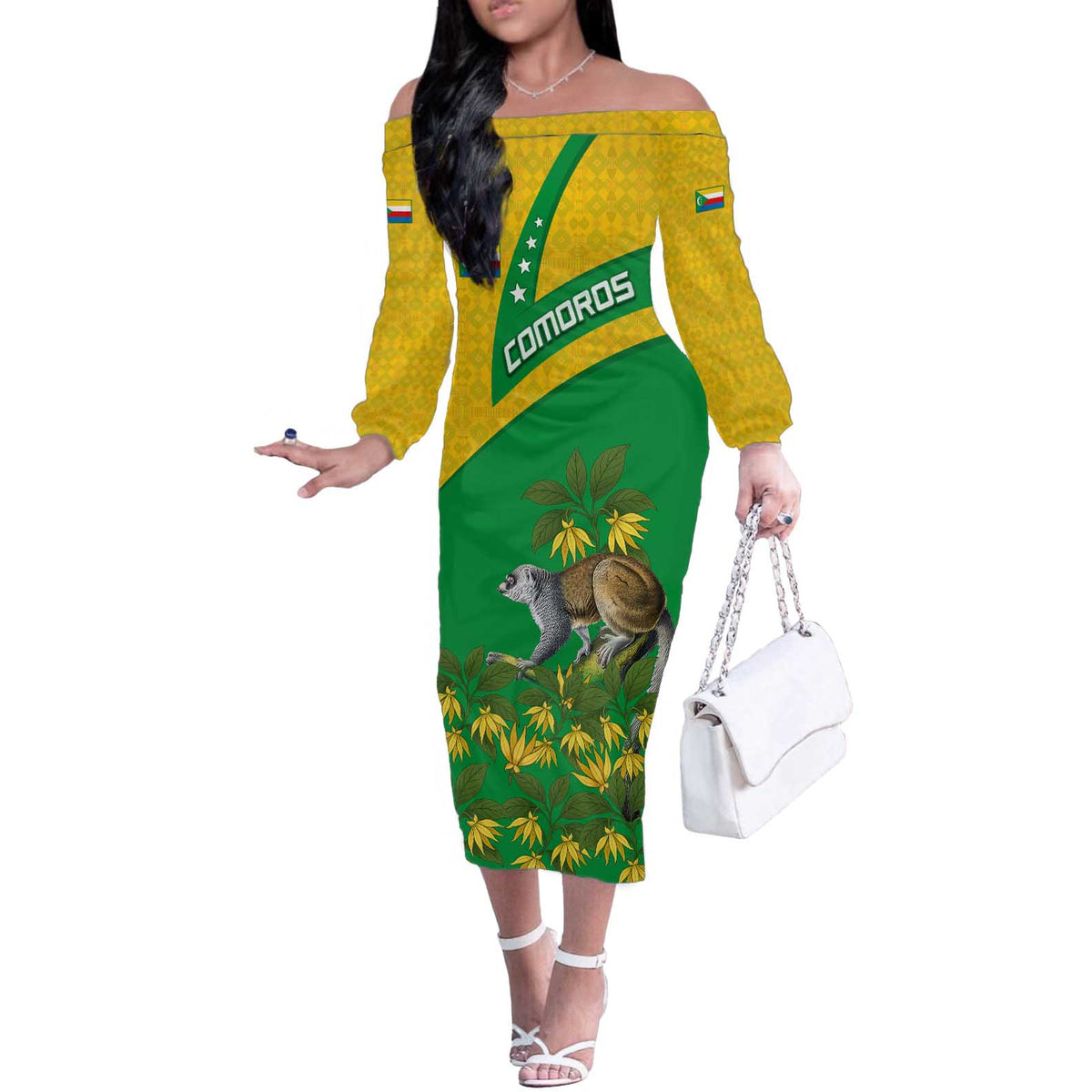 Comoros Off The Shoulder Long Sleeve Dress with National Flag Lemur Design and Ylang Ylang Flower Pattern