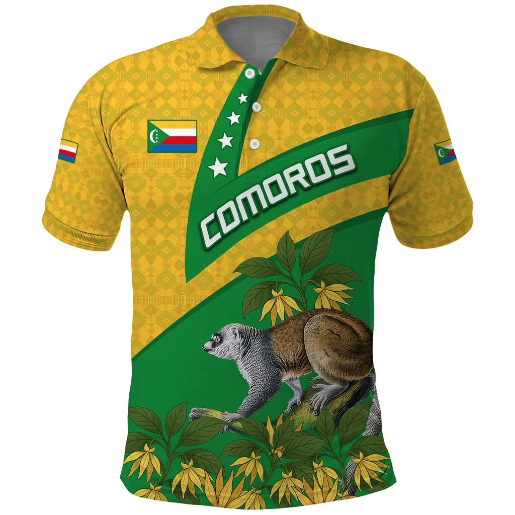 Comoros Polo Shirt with National Flag Lemur Design and Ylang Ylang Flower Pattern
