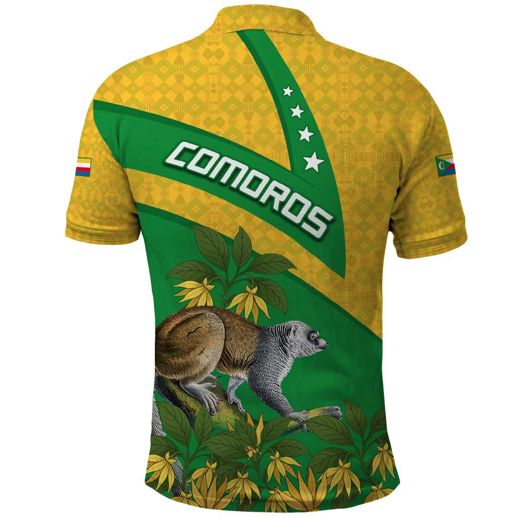 Comoros Polo Shirt with National Flag Lemur Design and Ylang Ylang Flower Pattern
