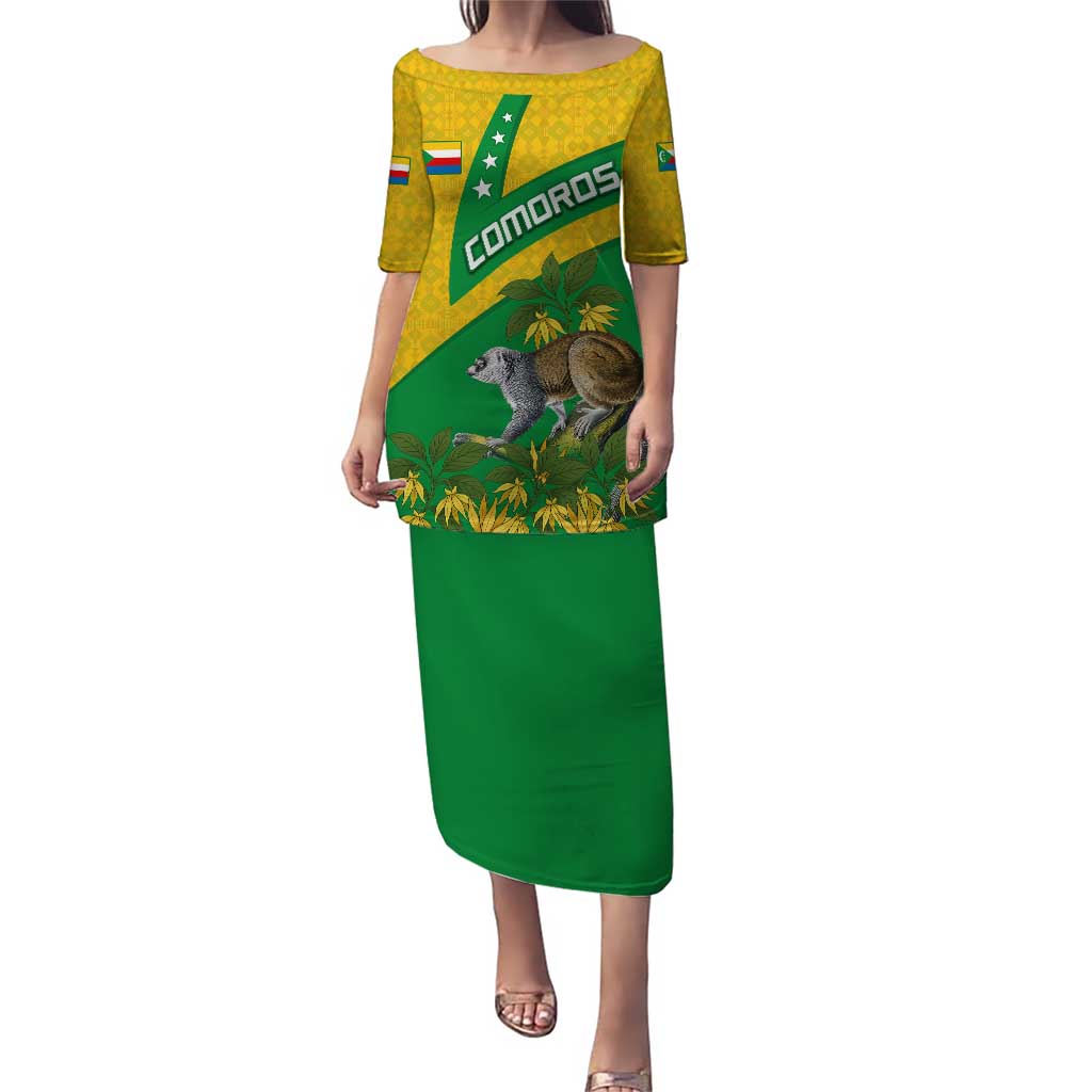 Comoros Puletasi with National Flag Lemur Design and Ylang Ylang Flower Pattern