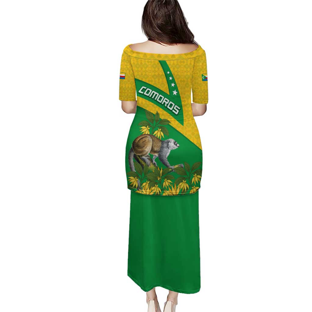 Comoros Puletasi with National Flag Lemur Design and Ylang Ylang Flower Pattern