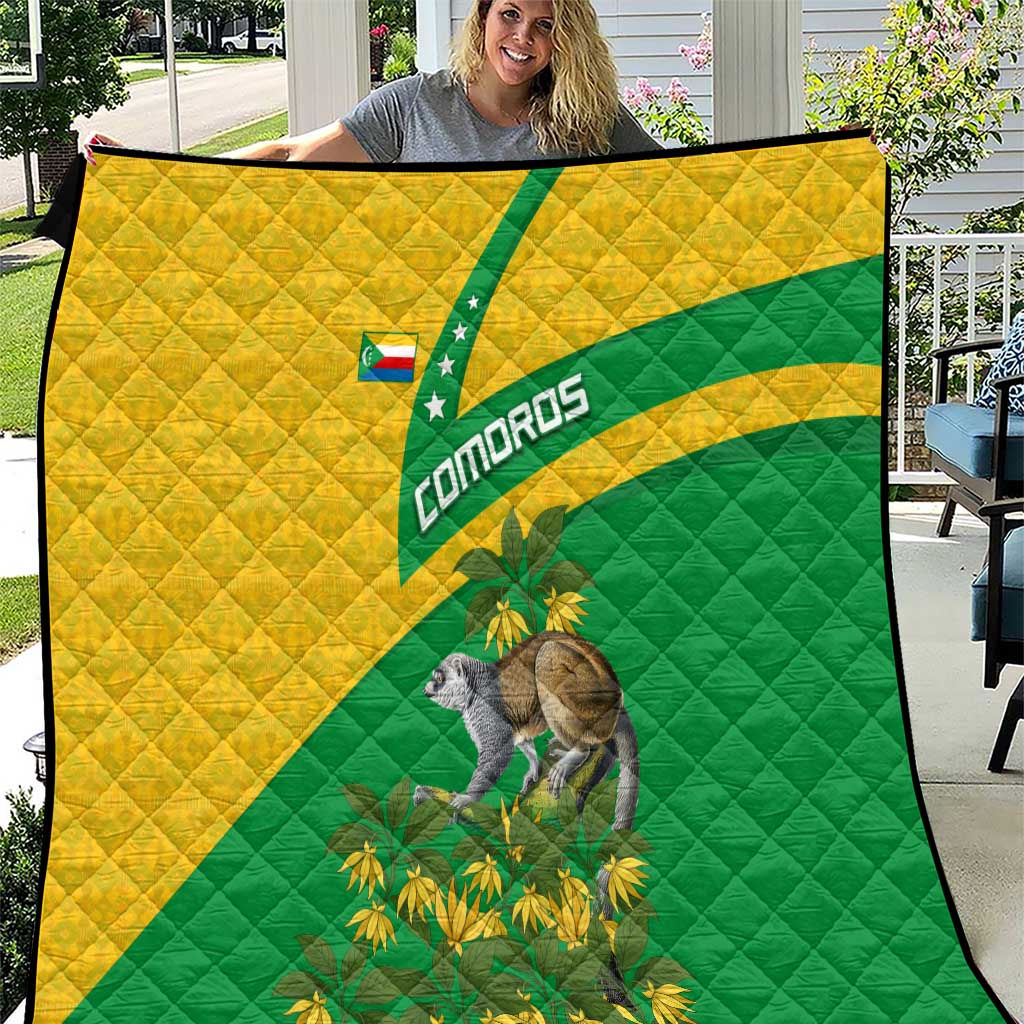 Comoros Quilt with National Flag Lemur Design and Ylang Ylang Flower Pattern