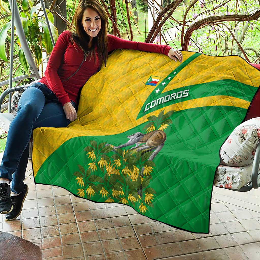 Comoros Quilt with National Flag Lemur Design and Ylang Ylang Flower Pattern
