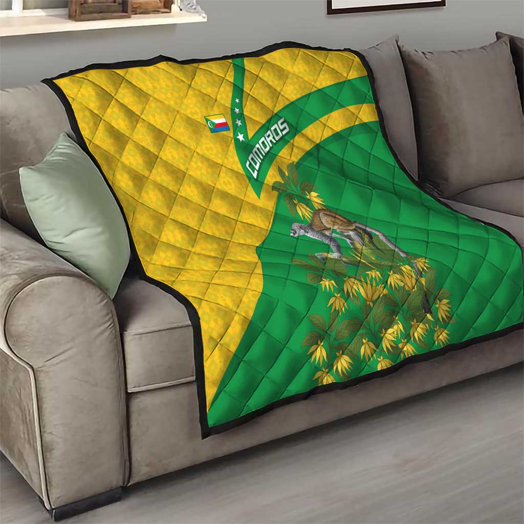 Comoros Quilt with National Flag Lemur Design and Ylang Ylang Flower Pattern