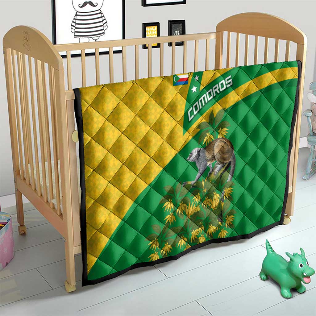 Comoros Quilt with National Flag Lemur Design and Ylang Ylang Flower Pattern