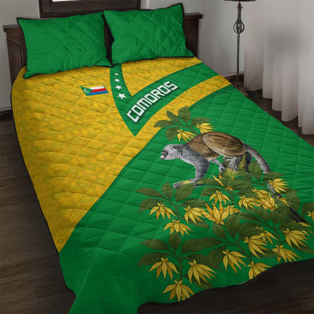 Comoros Quilt Bed Set with National Flag Lemur Design and Ylang Ylang Flower Pattern
