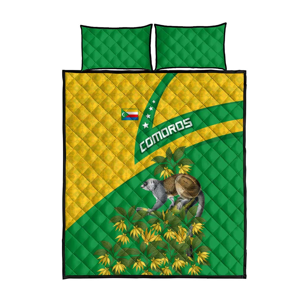 Comoros Quilt Bed Set with National Flag Lemur Design and Ylang Ylang Flower Pattern