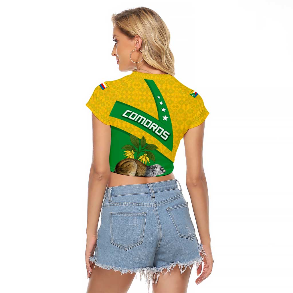 Comoros Raglan Cropped T Shirt with National Flag Lemur Design and Ylang Ylang Flower Pattern