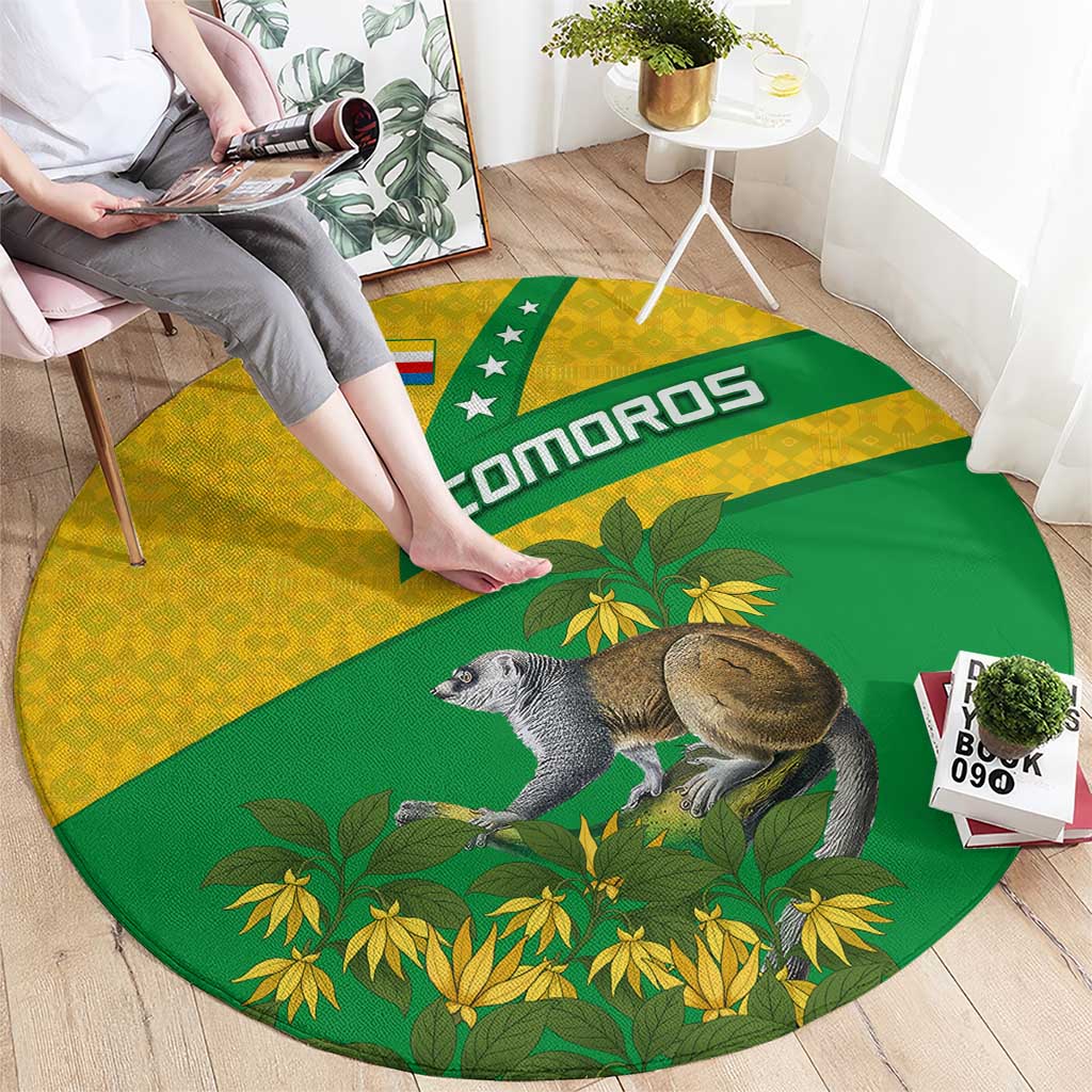 Comoros Round Carpet with National Flag Lemur Design and Ylang Ylang Flower Pattern