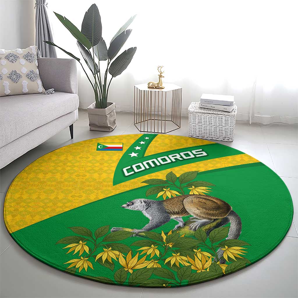 Comoros Round Carpet with National Flag Lemur Design and Ylang Ylang Flower Pattern
