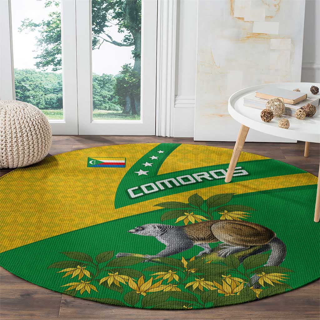 Comoros Round Carpet with National Flag Lemur Design and Ylang Ylang Flower Pattern