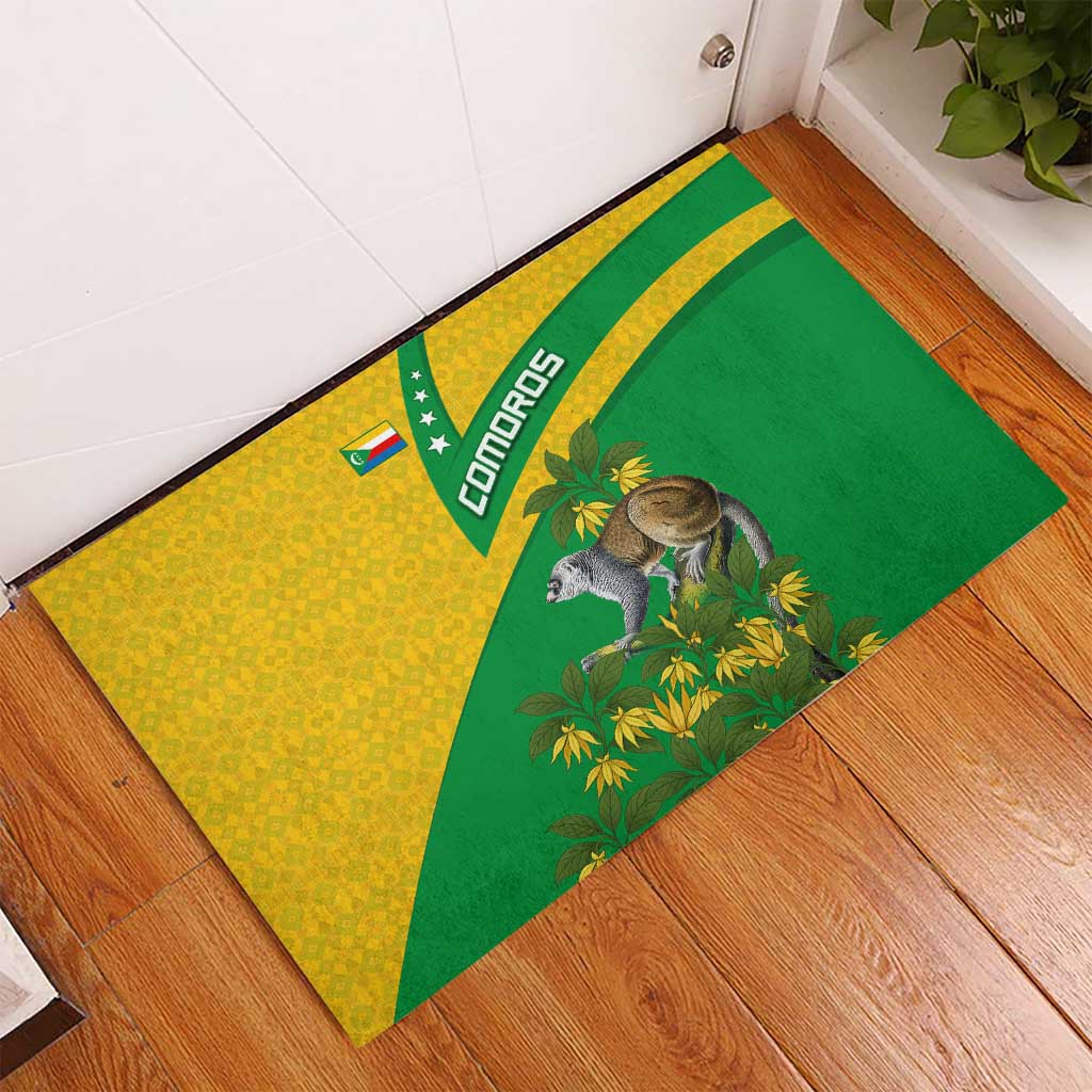 Comoros Rubber Doormat with National Flag Lemur Design and Ylang Ylang Flower Pattern