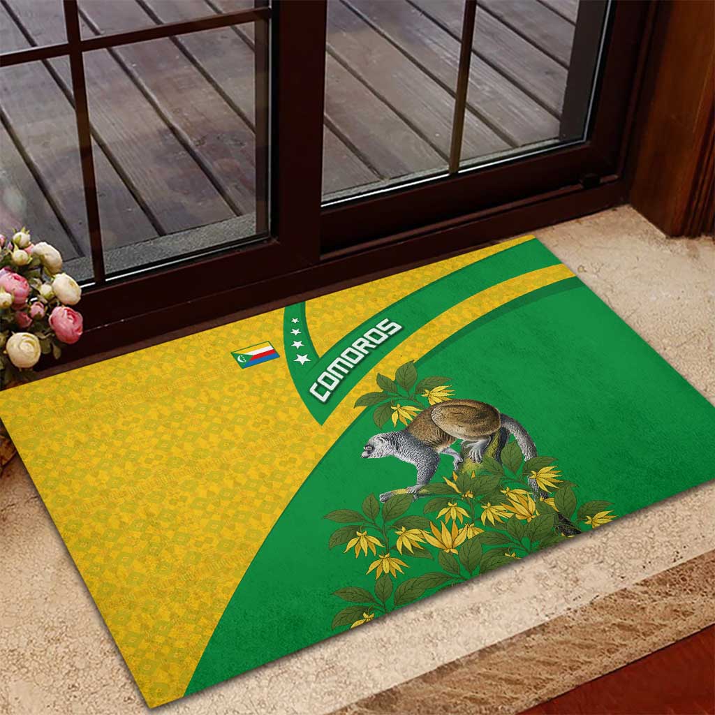 Comoros Rubber Doormat with National Flag Lemur Design and Ylang Ylang Flower Pattern